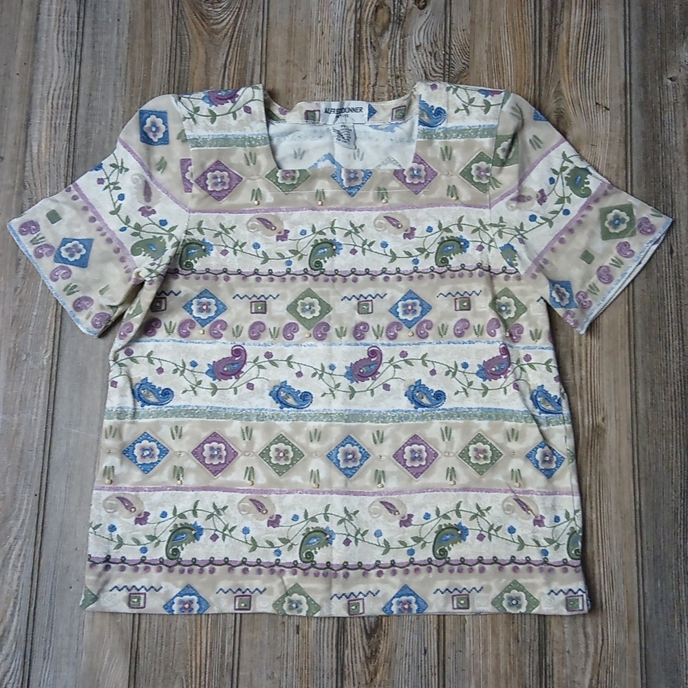 Vintage Beaded Floral Paisley Embellished Colorful Short Sleeve Stylish Top